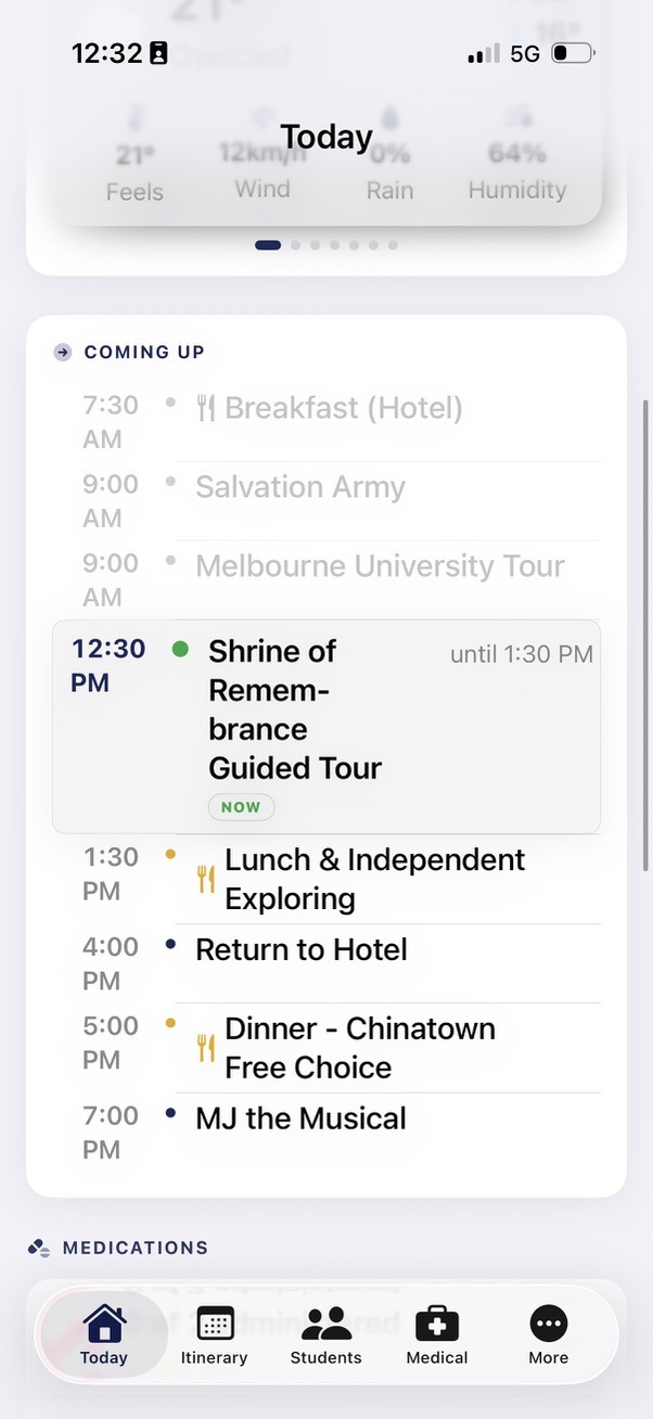 Staff Management iOS app showing trip itinerary